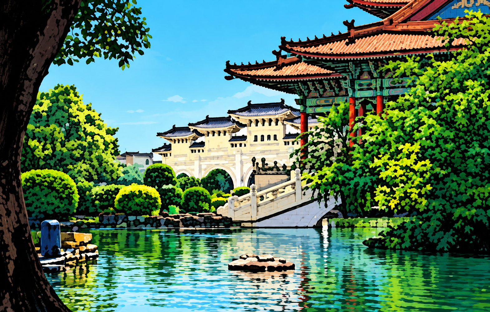 Traditional Chinese garden with a pavilion, stone bridge, and pond